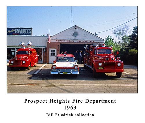 Picture of original firehouse in 1963 with fire chief's care, original equipment truck, and Darley pumper