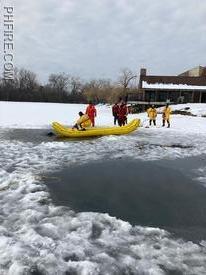 Use of rapid deployment craft ("banana boat") to reach victims in icy water